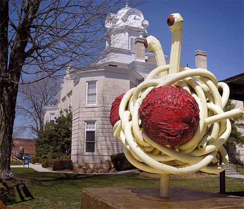 Spagetti monster sculpture outside of courthouse in Cumberland County, Tennessee